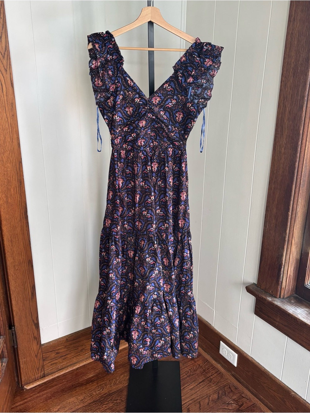 Caroline Constas Blue Floral Maxi Dress V Neck Smocked Back Womens XS
